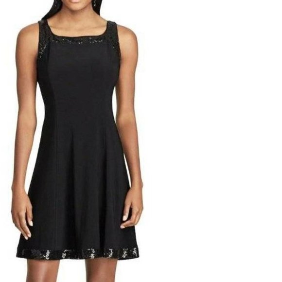 Womens Party Dress Black Chaps A-Line Large Sequined Sleeveless Jersey Holiday - Picture 1 of 6